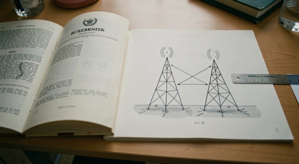 Open federal rulebook beside a hand drawn diagram of two radio towers and a ruler marking the distance between their channels on a desk