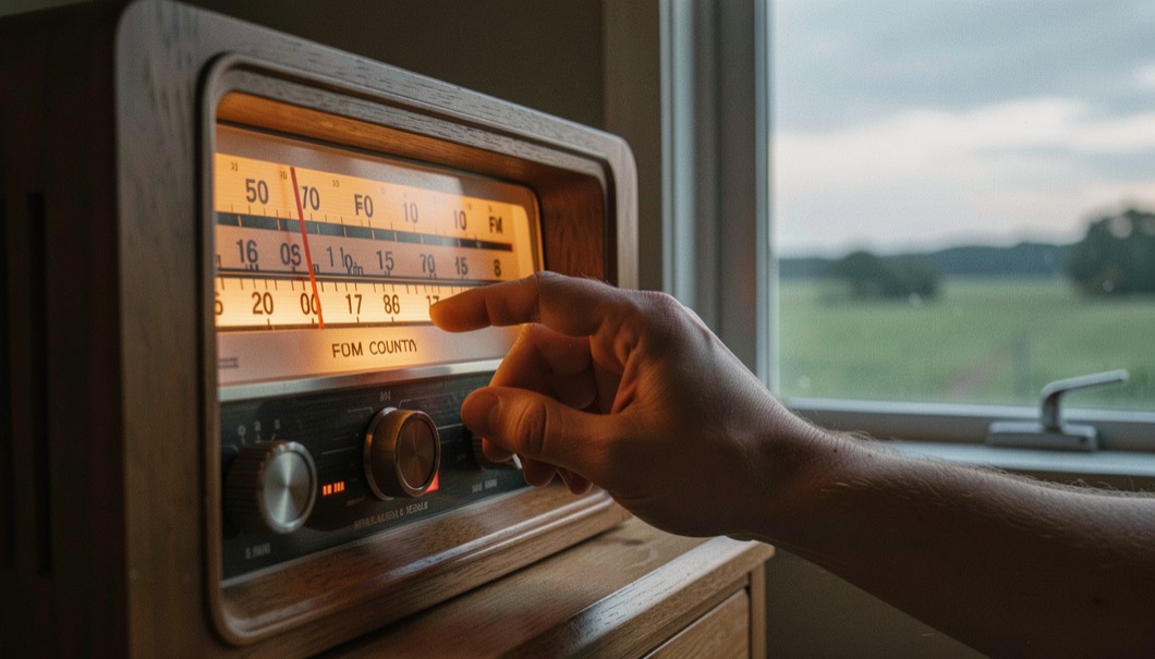 Hand on the tuning wheel of a wooden cabinet radio at dusk, warm dial lamp glowing over the FM scale with county fields visible outside the window