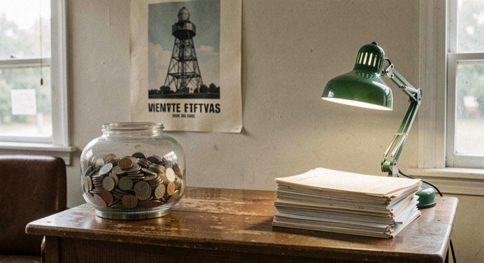Nineteen fifties volunteer reception desk with a donation jar of coins, stacked listener letters, a wall poster of a radio mast and a green glass desk lamp
