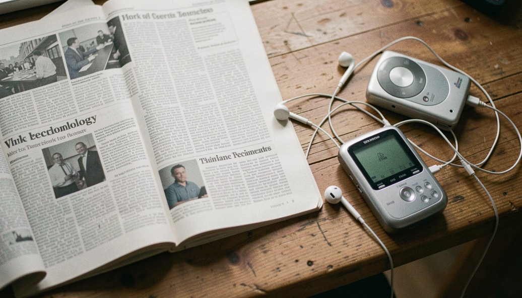Newspaper technology column open on a wooden table beside early white earbuds tangled around a small music player from the mid two thousands