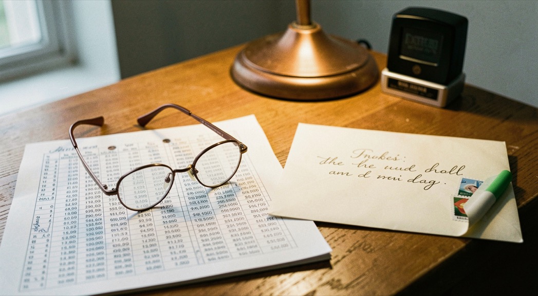Reading glasses resting on a printed frequency table beside a hand lettered envelope and a stamp pad on a lamp lit wooden desk